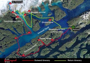 Kayak and glacier trekking 15 days map
